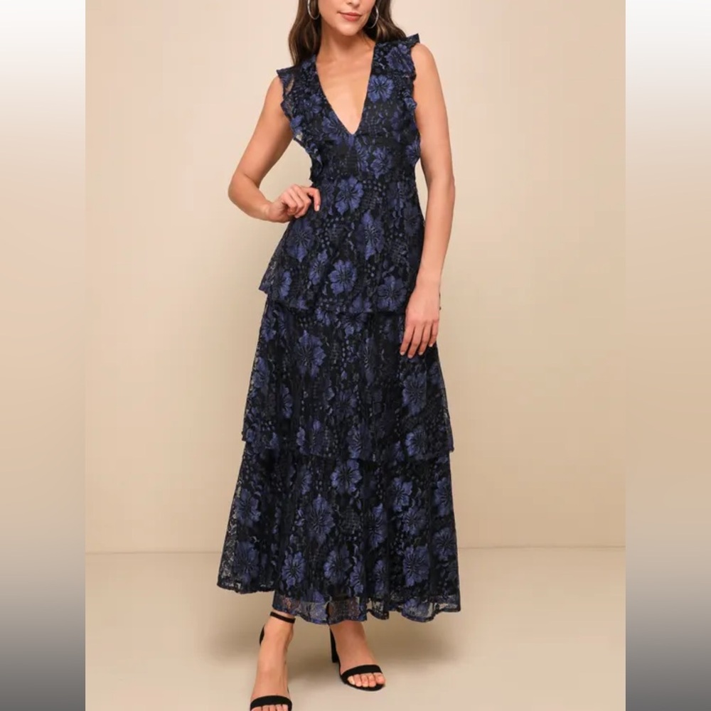 Lulus Molinetto Navy Blue Lace Ruffled Tiered Sleeveless Maxi Dress - Picture 2 of 6